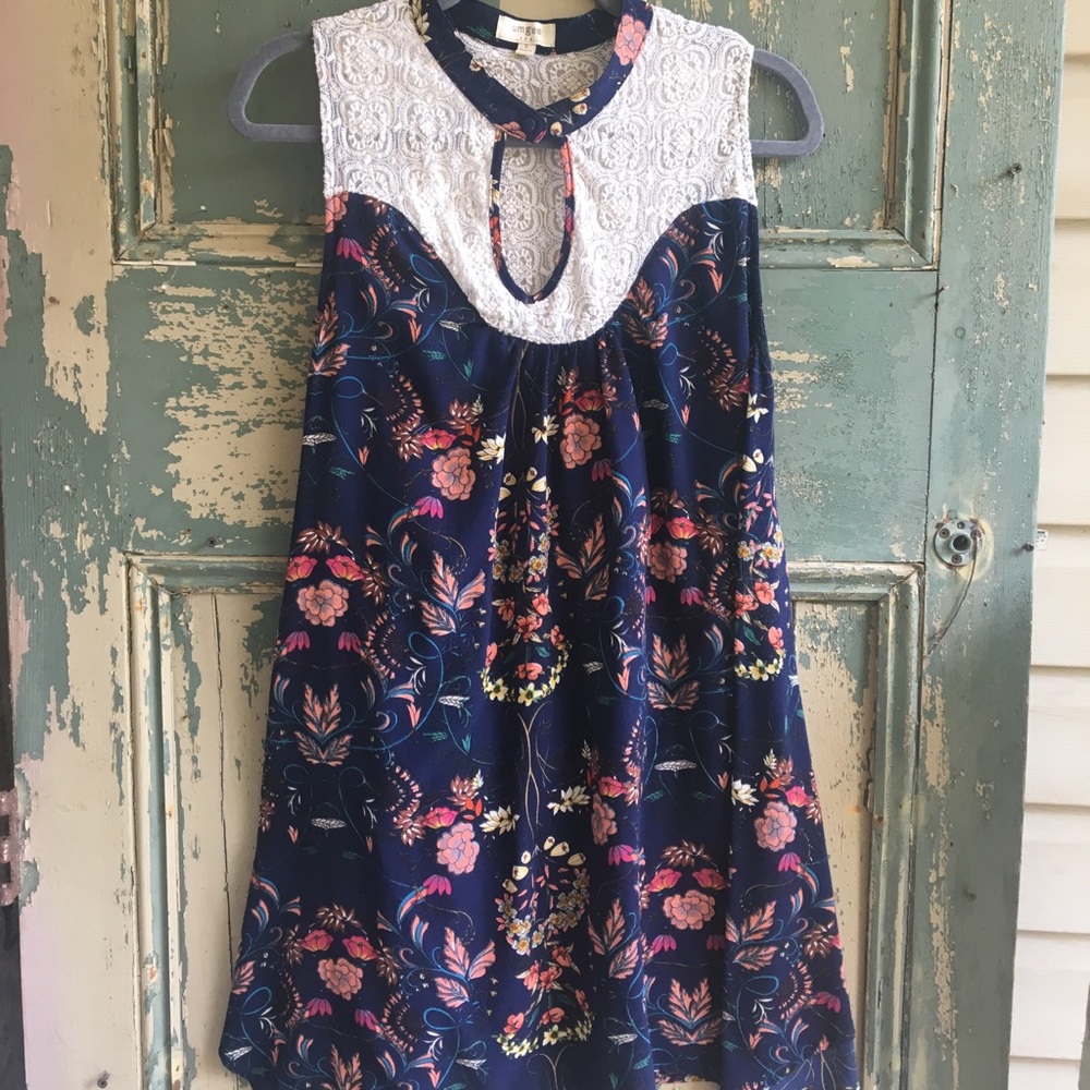 Navy Dress with Floral Design and Lace Collar